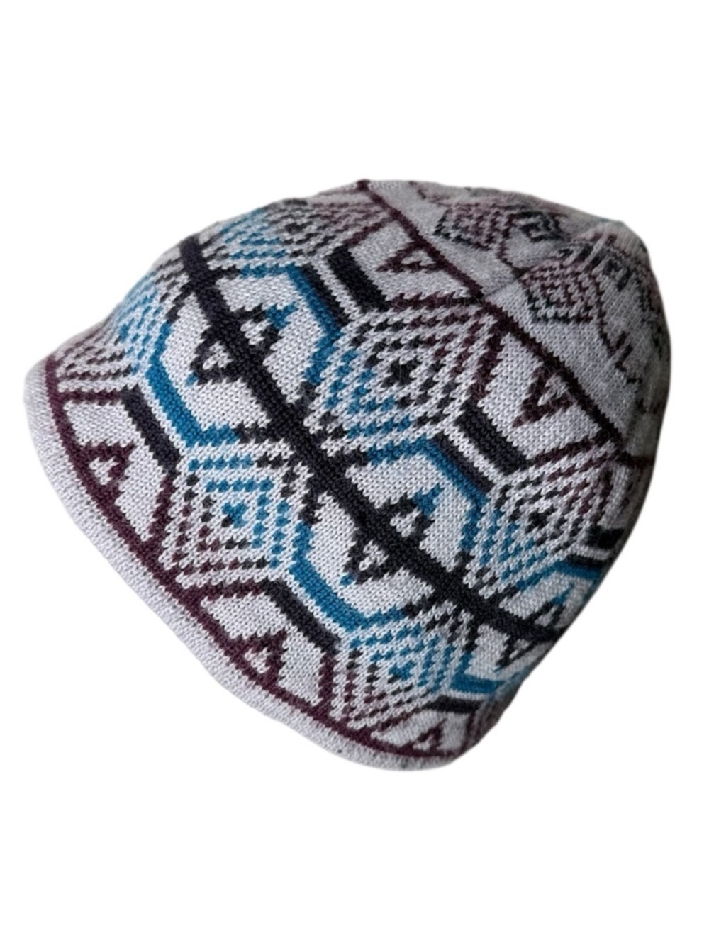 COLUMBIA Unisex Vintage Fair Isle Wool Blend Knit Beanie Toque Grey Blue Maroon